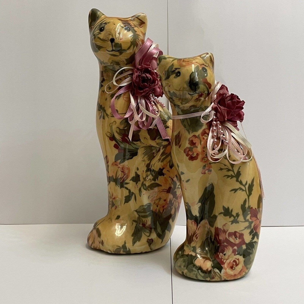 Summit Collection Vintage 90s Floral Cat Decoupage Statues Figures Matching Pair